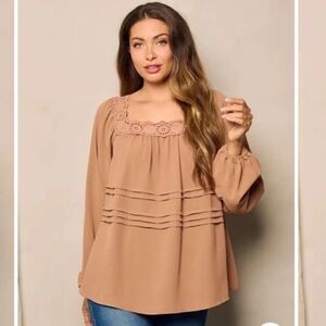 Eyelet Top Boat Neck Long Sleeve Tan